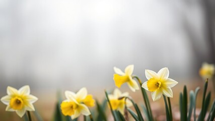 Obraz premium daffodils blooming in a soft focus landscape, green stem movement, blurred background, flower field