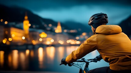 Fototapeta premium A solo adventurer biking along a vibrant riverside promenade at dawn