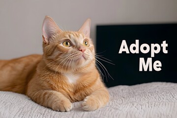 Cute Ginger Cat Near Blackboard with the Phrase &lsquo;Adopt Me&rsquo; &ndash; A Heartwarming Appeal for Pet Adoption
