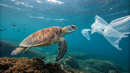 Obraz premium sea turtle swims gracefully through clear waters, encountering plastic pollution. This highlights impact of human waste on marine life and urgent need for environmental protection