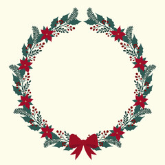 Christmas floral wreath with a bow isolated on light background. Vector illustration
