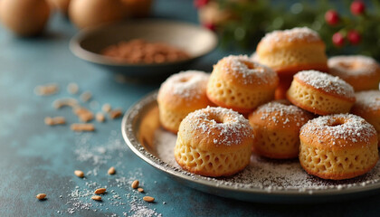 Homemade Butter Cookies Dusted with Sugar on Rustic Plate Against Festive Background