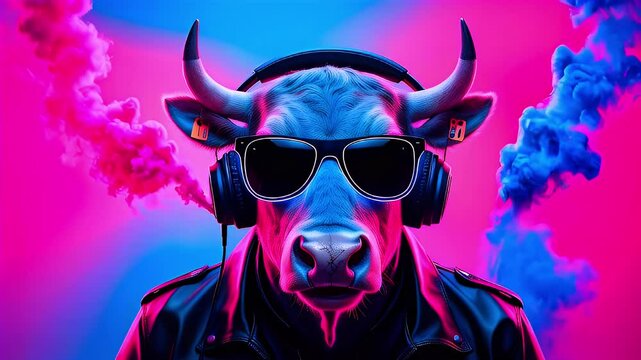Cool bull wearing headphones and sunglasses in vibrant neon light.