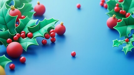 Obraz premium 3D Holly Leaves and Red Berries Decorative Corner Border Image