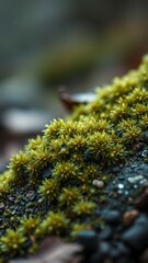 Close-up view of vibrant green moss flourishing on dark rocks outdoors at dawn