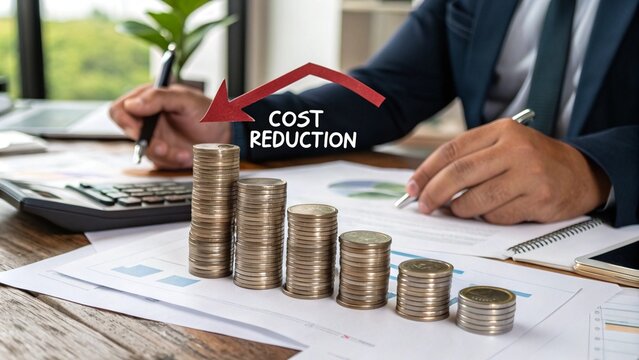 Cost reduction concept. Cost wording on decreasing coins stacking with the down arrow. Businessman working on company cost saving. Cost Management, Economy recession, low budget, Effective business,