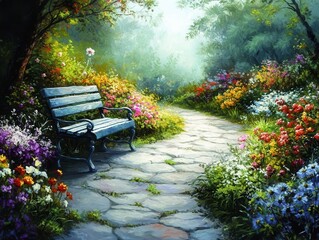 serene garden scene featuring a bench on a stone path, surrounded by colorful flowers and lush greenery, inviting peaceful reflection in nature's embrace