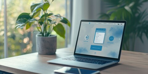 A branding mock-up displayed on a digital device, showcasing a website and mobile app interface