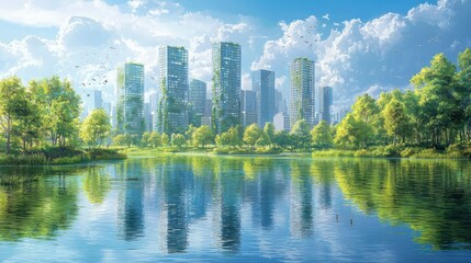 Envisioning a sustainable city a concept art piece of green urban living by waterways in a futuristic environment