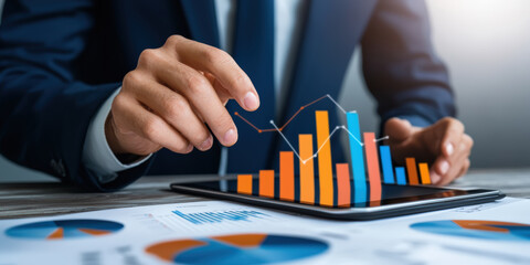 A professional analyses data trends using a tablet, showcasing vibrant bar charts and graphs for informed decision-making in business.