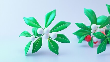 3D Mistletoe Sprig with Green Leaves and White Berries on Transparent Background