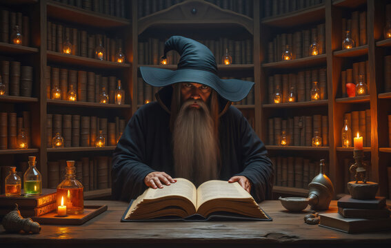 Powerful wizard reading ancient spellbook in his magic library