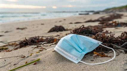 discarded blue face mask on sandy beach, surrounded by seaweed and debris, highlighting impact of pollution on natural environments