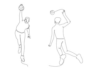 Continuous line drawing of two professional volleyball players with ball isolated on white background. Hand drawn single line vector illustration