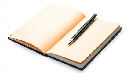 Open Notebook with Pen on White Background,Clean and Minimal Style