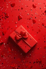 Close up red gift on red background among heart-shaped confetti with copy space. Valentine's day, romance, love, wedding anniversary concept	
