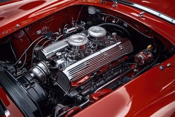 Powerful chrome engine showing pistons and supercharger in red car