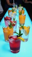 Vibrant fruity cocktail collection showcased at a nightclub party