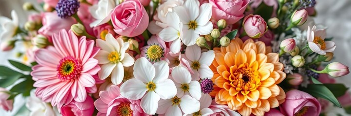 Obraz premium Beautifully arranged mixed flowers with a focus on blossoms and pastel colors, pattern, colorful
