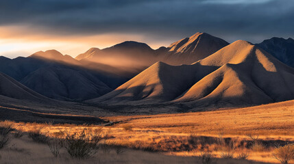 Naklejka premium Scenic view of sunlit mountain range at sunset with dramatic sky and vast desert landscape