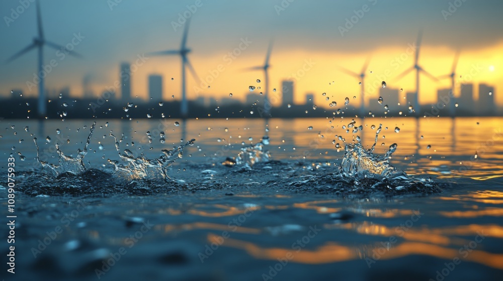 Poster raindrops create splashes on the water's surface as a vibrant sunset illuminates a city skyline in t