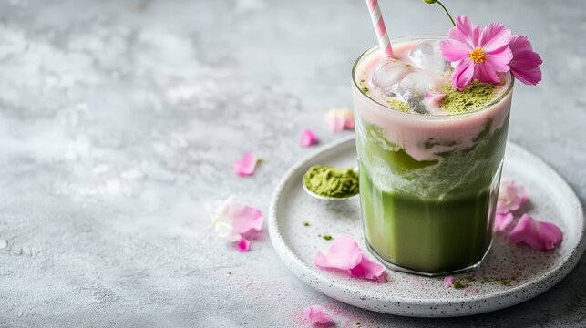 Refreshing iced matcha latte with pink flower and straw on plate