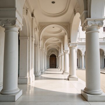 White marble columns convey an opulent historical ambiance