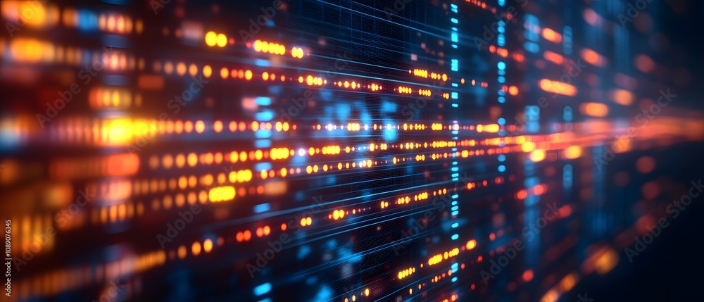 Poster abstract digital visualization with glowing lines and dots representing data flow.