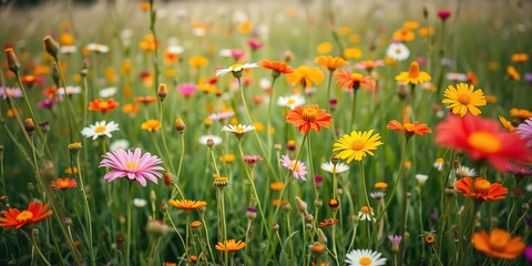 Fototapeta premium Field of vibrant wildflowers swaying gently in the breeze on a warm summer day, bees, varied