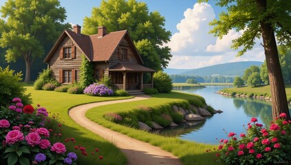 Obraz premium Oil-painted scene featuring a picturesque summer landscape with an old wooden house by the river surrounded by vibrant flora and verdant foliage