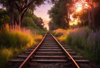 Obraz premium enchanting dreamy sunset casting soft hues over rusty abandoned train tracks surrounded lush grasses whispering leaves, sky, clouds, colors, orange, pink