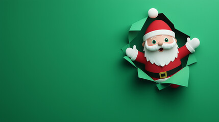 funny Santa Claus breaking out of a green paper wall with a hole, against a minimalistic solid background