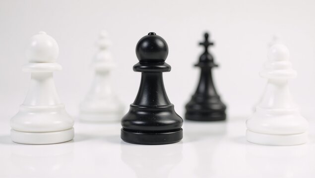 Black-and-white chess set with racial diversity subtext lone black pawn among white pawns