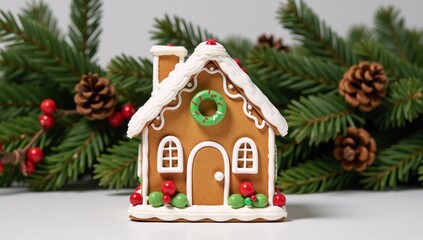 A festive Christmas scene features a backdrop of gingerbread houses against fir trees adorned with branches and cones vector art