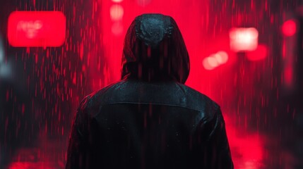 A figure in a hooded jacket stands in the rain, illuminated by red lights in a moody urban setting.