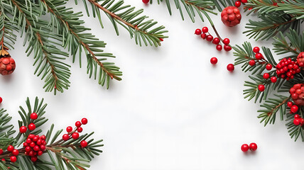 Seasonal festive Christmas tree holidays composition flatlay featuring spruce branches red color berries on white background.