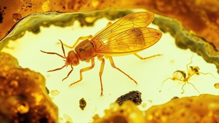 Naklejka premium Fossilized insect preserved in Baltic amber, fossil discovery, Baltic Sea origin
