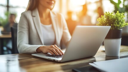 Fototapeta premium Modern home office scene featuring a focused individual in a comfortable chair,utilizing laptop an web camera for remote hiring success,accompanied by natural lighting ,potted plant decor,and spacious
