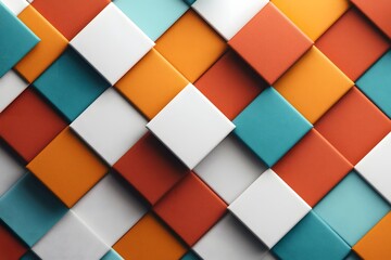 Vibrant Retro Style with Overlapping Squares in a Colorful Geometric Pattern Using Bold Colors of Orange, Red, White, and Aqua for a Stylish Design Element