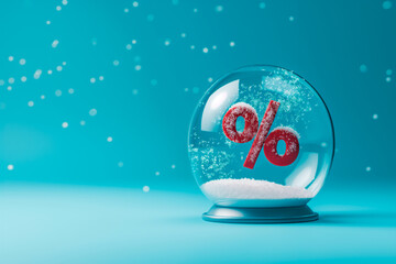 glass snow globe with red 3d percent sign inside, christmas sale banner