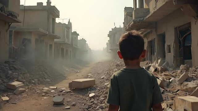 Child Walking Through Destroyed City Street, War Aftermath, Humanitarian Crisis