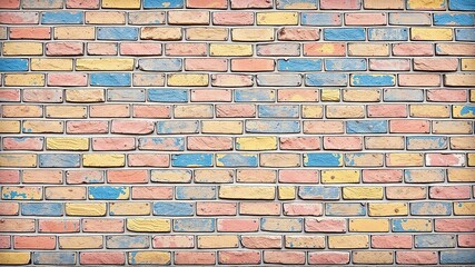 Obraz premium Colorful brick wall with a mix of red, yellow, blue and green hues, brick wall colorful pattern, house exterior, color block