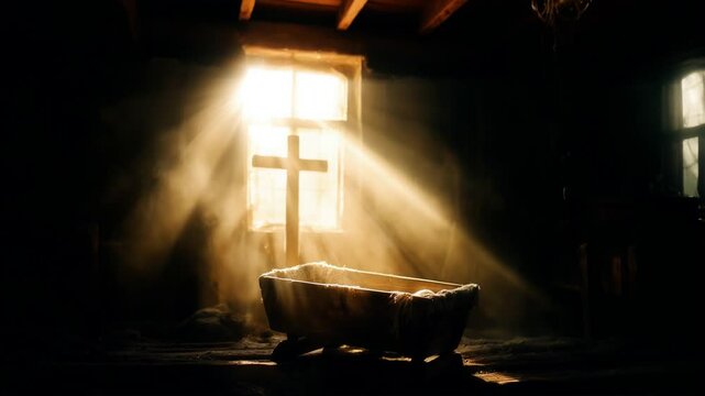 Serene nativity scene an empty wooden cradle with a cross illuminated by rays of light