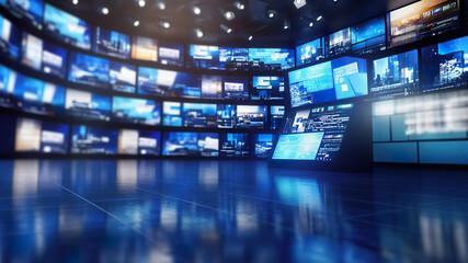 Financial news broadcast in a modern newsroom with multiple screens displaying data