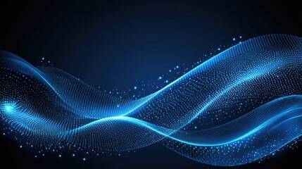 Abstract Flow of Blue Light Waves with Dots, Creating a Digital Atmosphere for Technology and Innovation Themes in a Dark Background