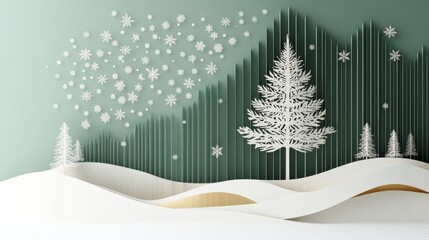 Fototapeta premium abstract background made from paper cut. paper layer shape are snowflakes, snowman, larch tree and snow, snowflakes with snow mountain in background,