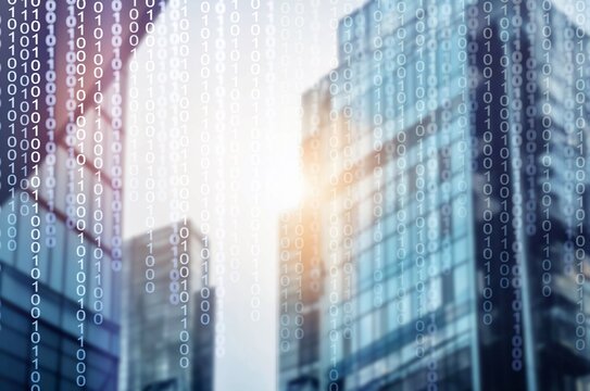 Bank building and digital binary code for financial tech concept