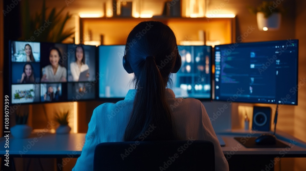 Poster A woman is sitting in front of a computer with a headset on