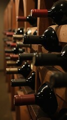 Fototapeta premium Close-Up View of Wine Bottles in a Rustic Cellar Setting