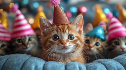 Adorable kittens wearing party hats celebrating a fun event